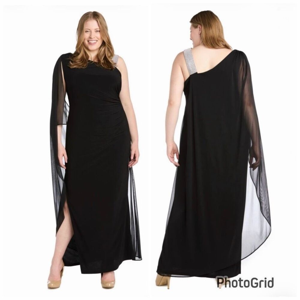 NWT Marina Gorgeous 14 Black One Shoulder Rhinestone Strap Formal Evening Gown